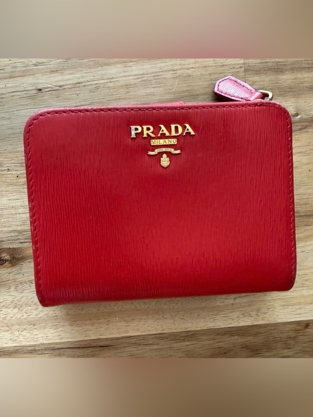 Prada Red Saffiano Leather Zip Wallet with Gold Logo